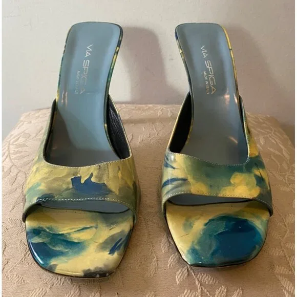 Via Spiga Open-Toe Mules Yellow & Blue Abstract Pattern Shoes Heels Size 10 - Picture 4 of 9